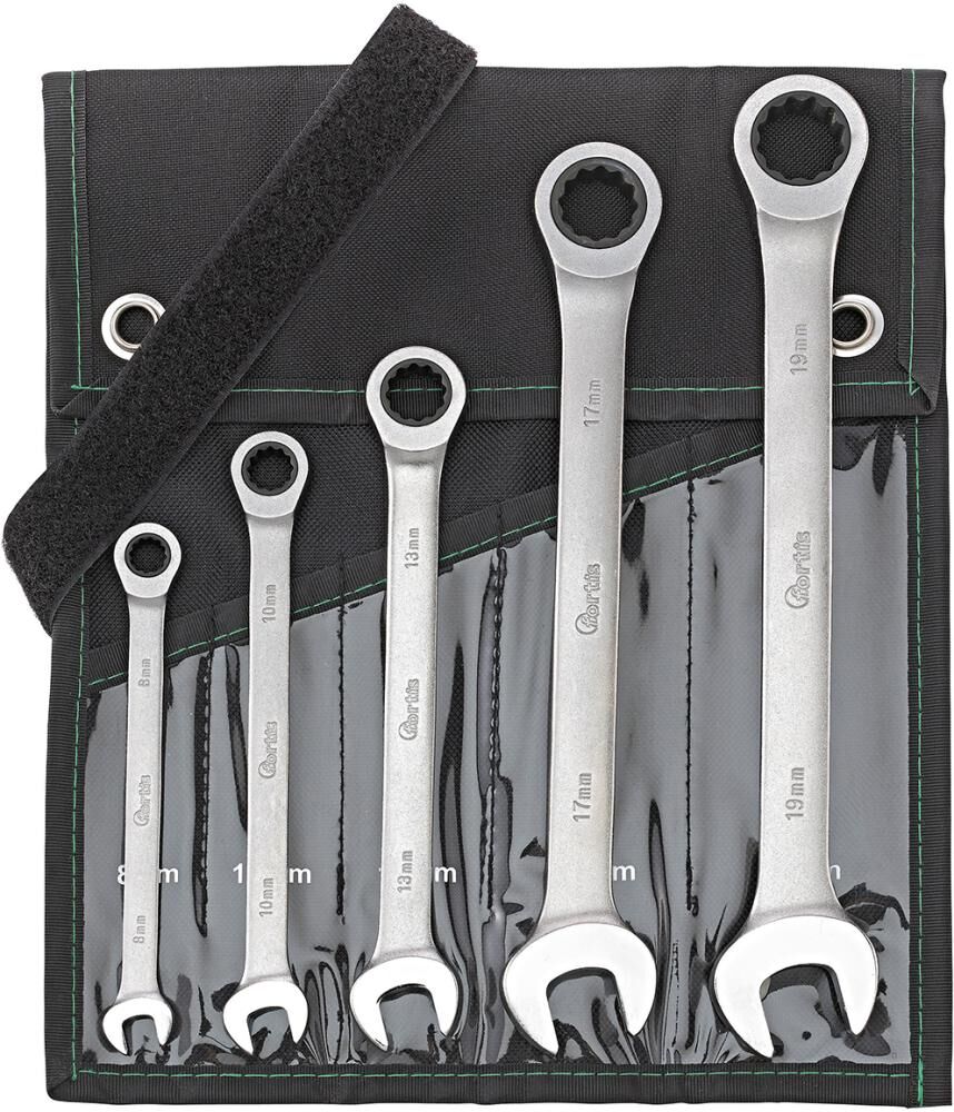 Fortis Maulschlüssel Satz mit Ringratsche umschaltbar 5 Teile 8-19 mm Fortis Maulschlüssel Satz mit Ringratsche umschaltbar 5 Teile 8-19 mm