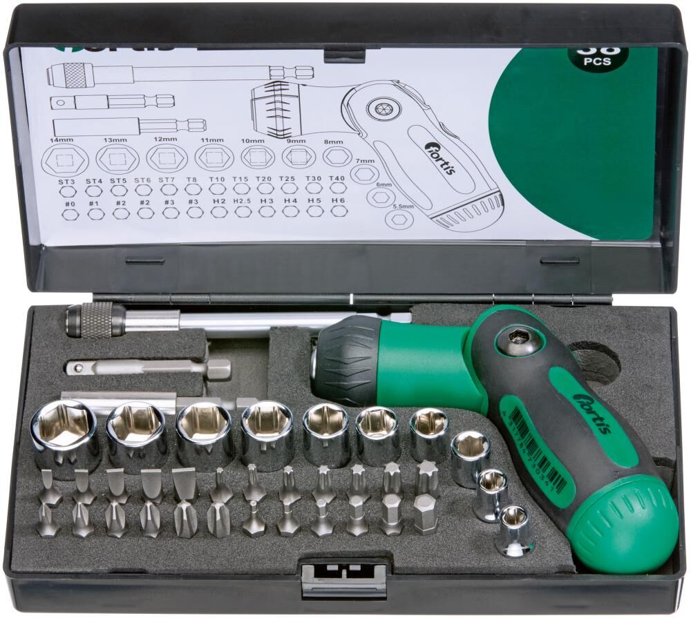 Fortis Ratschen Schraubendreher Set mit Bits 38 Teile Produktbild Fortis Ratschen Schraubendreher Set mit Bits 38 Teile