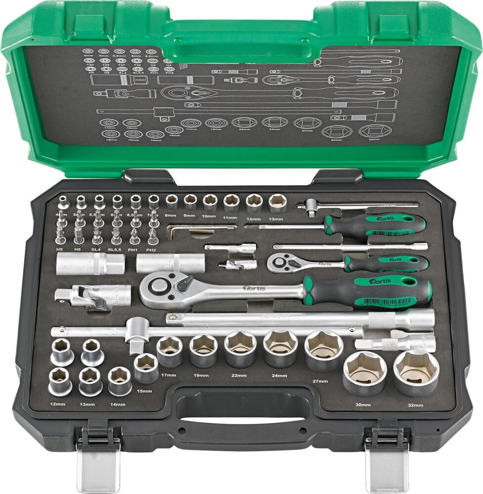 Fortis Steckschlüsselgarnitur 1/4 Zoll und 1/2 Zoll 55 Teile Produktbild Fortis Steckschlüsselgarnitur 1/4 Zoll und 1/2 Zoll 55 Teile
