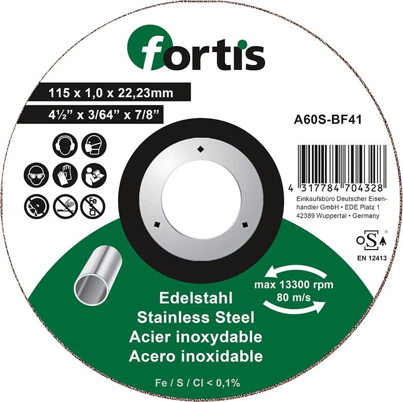 Fortis Trennscheibe Edelstahl 115 x 1,0 mm gerade Fortis Trennscheibe Edelstahl 115 x 1,0 mm gerade