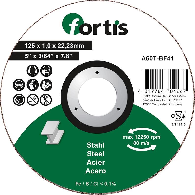 Fortis Trennscheibe Stahl 125 x 1,0 mm gerade Produktbild Fortis Trennscheibe Stahl 125 x 1,0 mm gerade