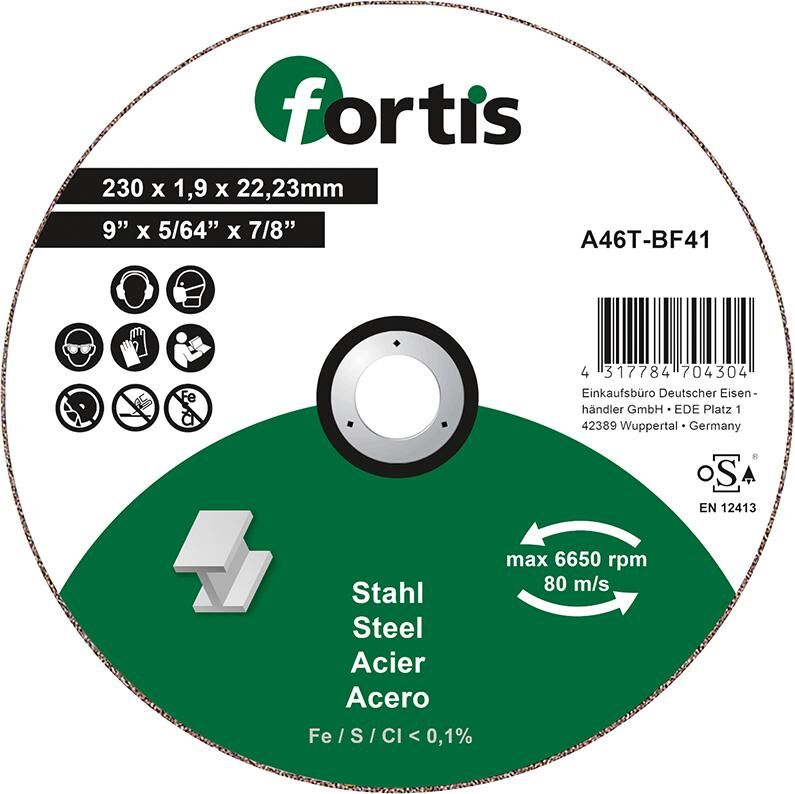 Fortis Trennscheibe Stahl 230 x 1,9 mm gerade Produktbild Fortis Trennscheibe Stahl 230 x 1,9 mm gerade