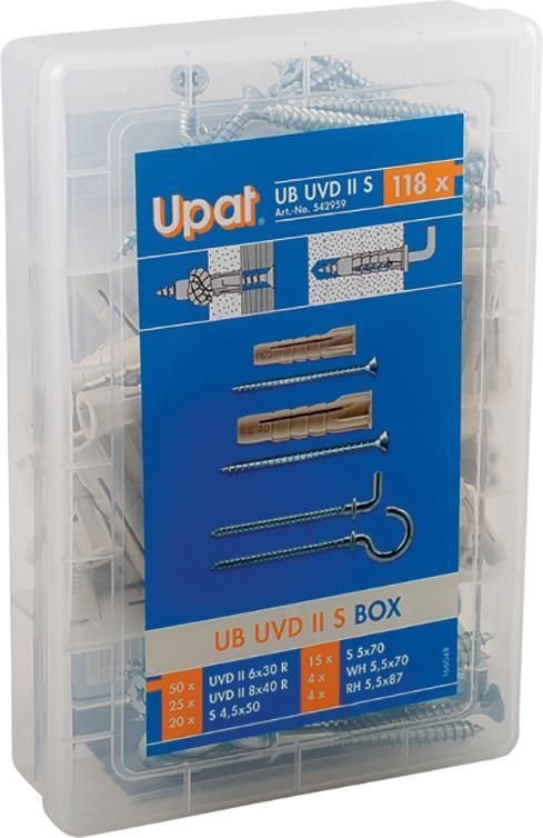 Upat Box Universaldübel Senkkopfschrauben mit Haken 118 teilig Produktbild Upat Box Universaldübel Senkkopfschrauben mit Haken 118 teilig