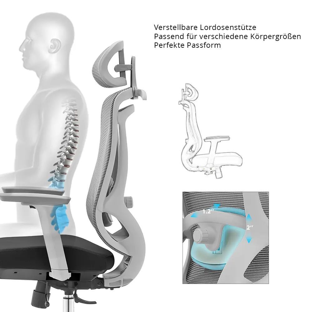 Produktbild Bürodrehstuhl mit Kopf- Nackenstütze und 3D Armlehnen, Netzrücken grau, Lordosen bild 6