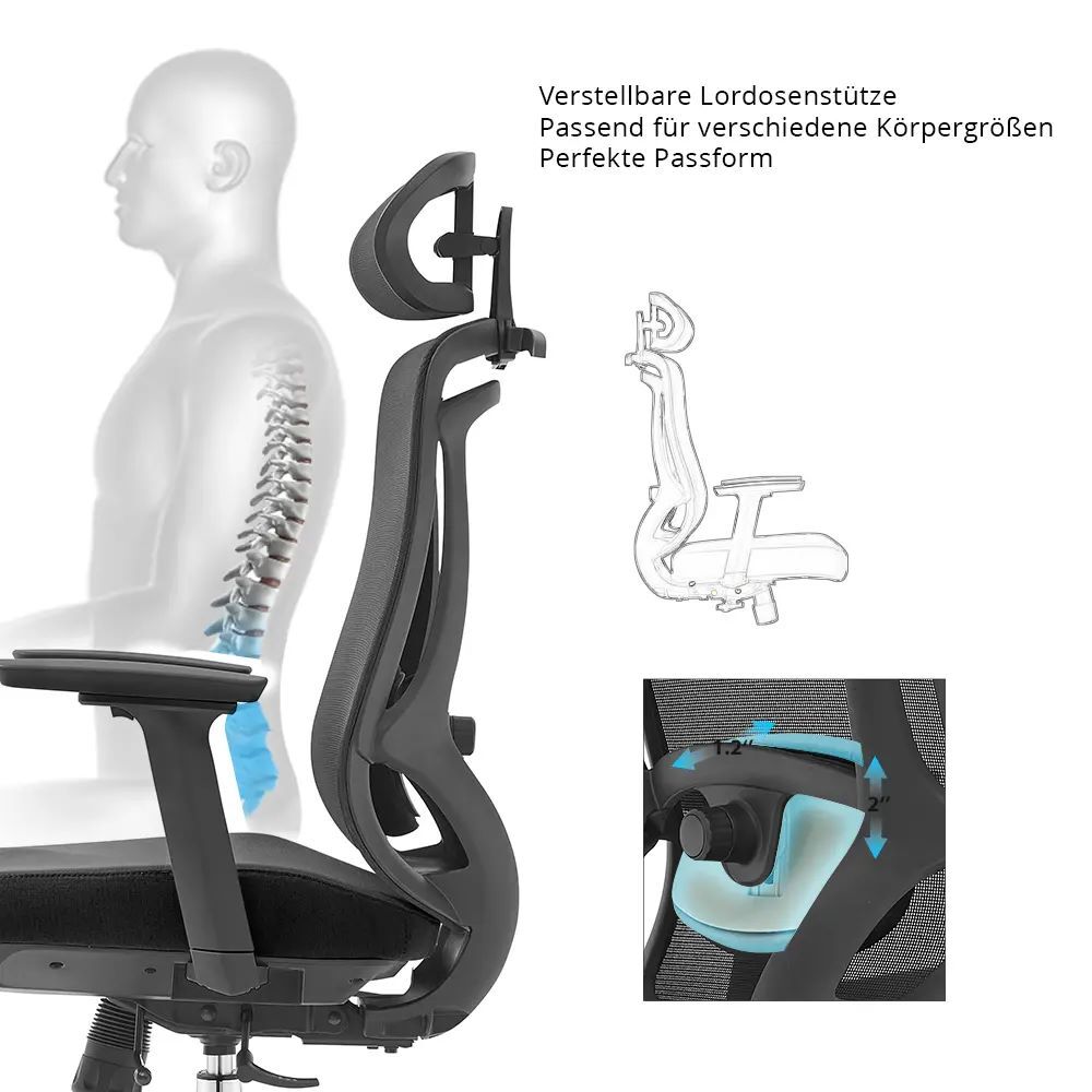 Produktbild Bürodrehstuhl mit Kopf- Nackenstütze und 3D Armlehnen, Netzrücken, Lordosenstütz bild 6