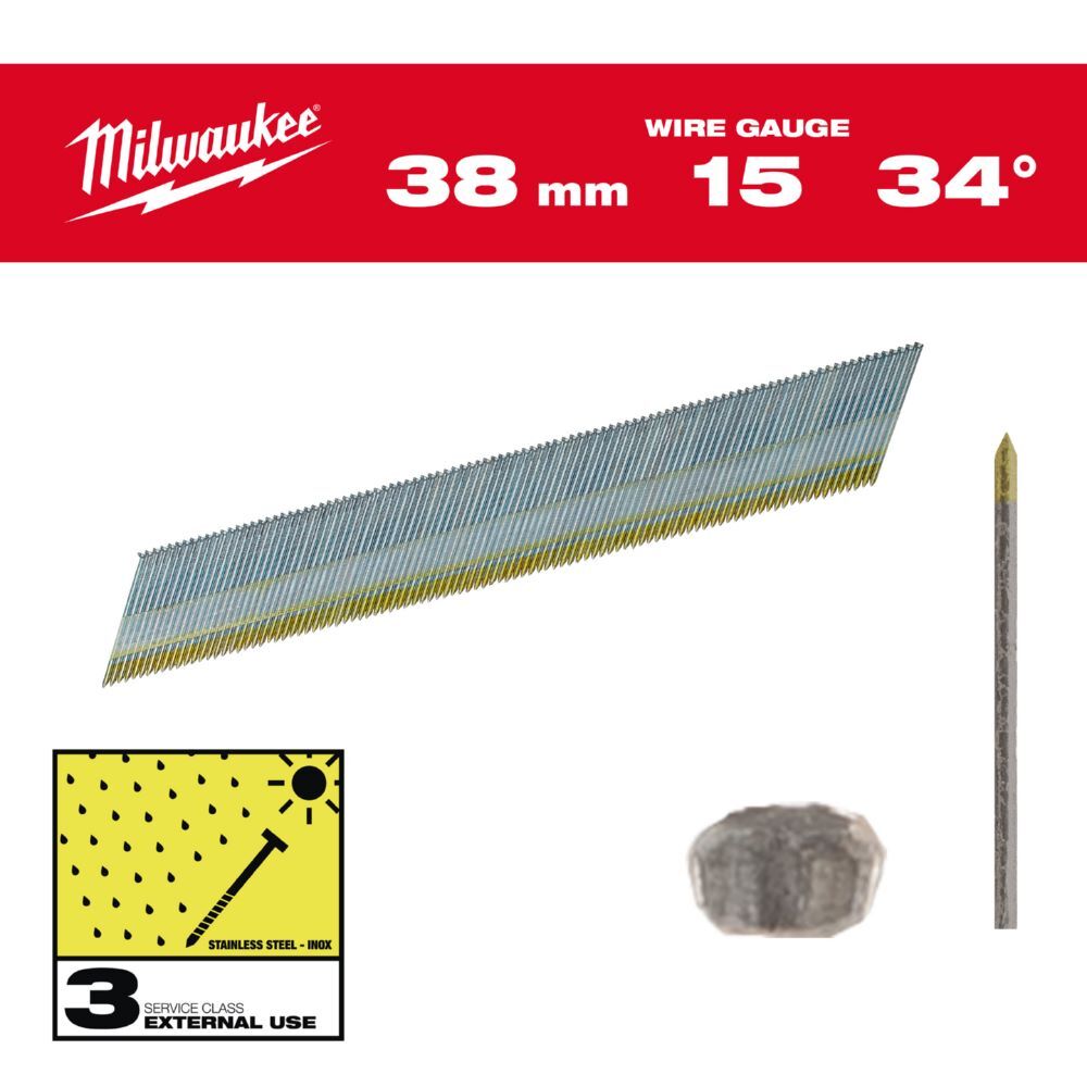 Milwaukee Elektrowerkzeuge Stift Nägel D Kopf 15 Gauge für M18CN15GA x M18FN15GA 1,8 x 38 mm Edelsta Produktbild Milwaukee Elektrowerkzeuge Stift Nägel D Kopf 15 Gauge für M18CN15GA x M18FN15GA 1,8 x 38 mm Edelsta