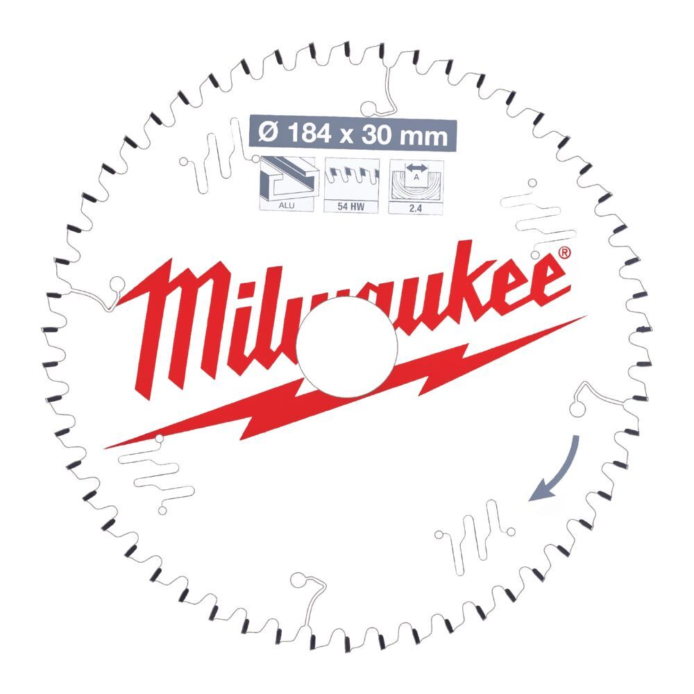 Milwaukee Sägeblatt Alu Holz 184/30 mm 54 Zähne Flachtrapezzahn negativ Produktbild Milwaukee Sägeblatt Alu Holz 184/30 mm 54 Zähne Flachtrapezzahn negativ