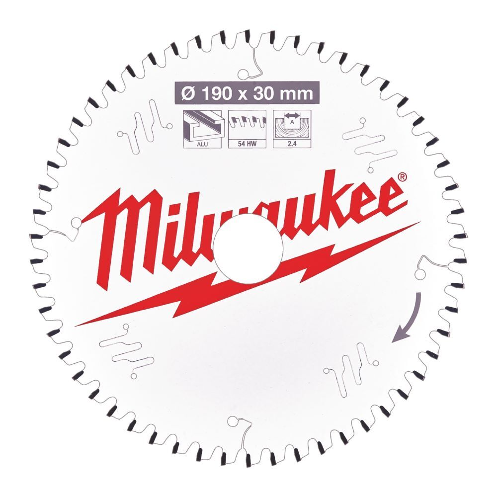 Milwaukee Sägeblatt Alu Holz 190/30 mm 54 Zähne Flachtrapezzahn negativ Produktbild Milwaukee Sägeblatt Alu Holz 190/30 mm 54 Zähne Flachtrapezzahn negativ