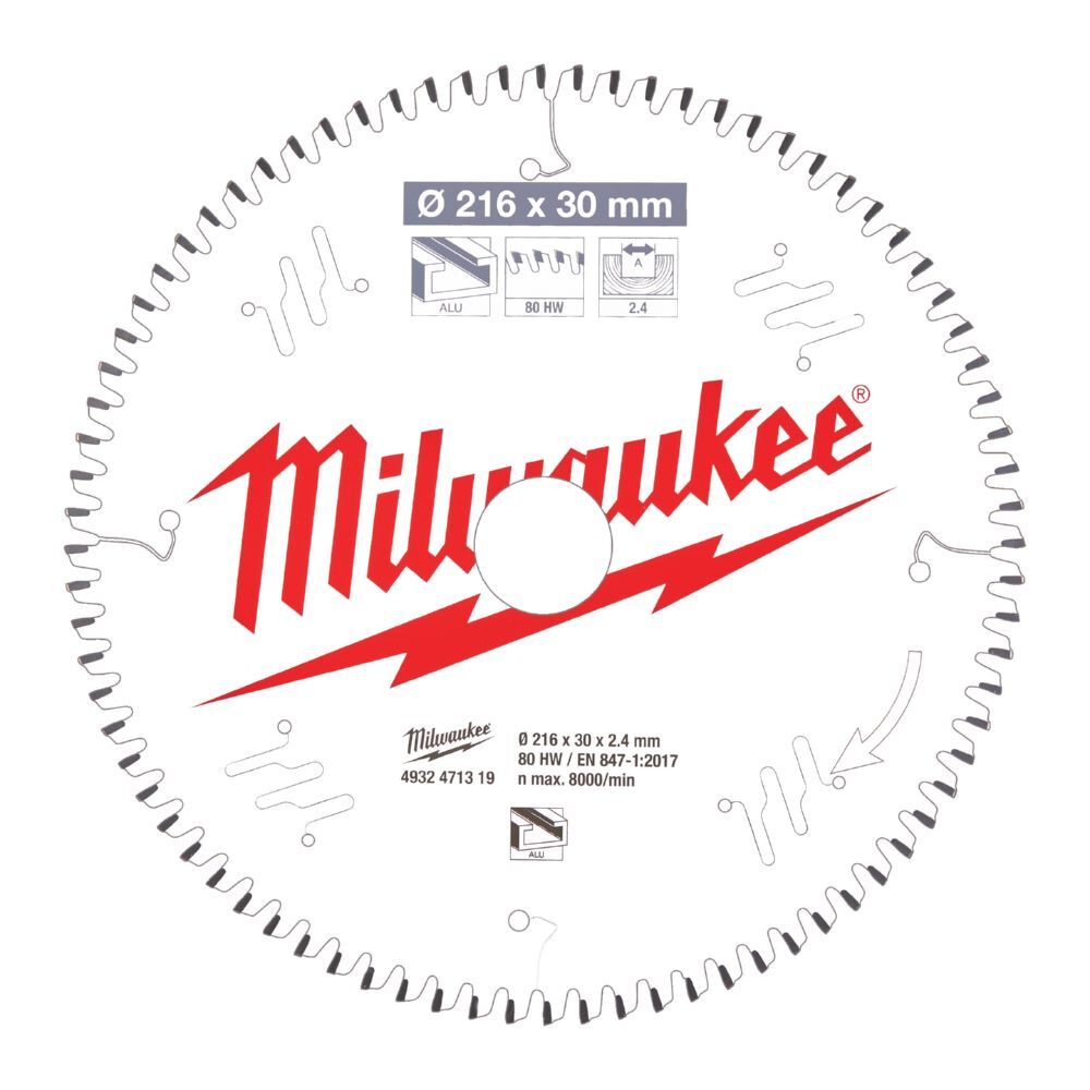 Milwaukee Sägeblatt Alu 216/30 mm 80 Zähne Flachtrapezzahn negativ Produktbild Milwaukee Sägeblatt Alu 216/30 mm 80 Zähne Flachtrapezzahn negativ
