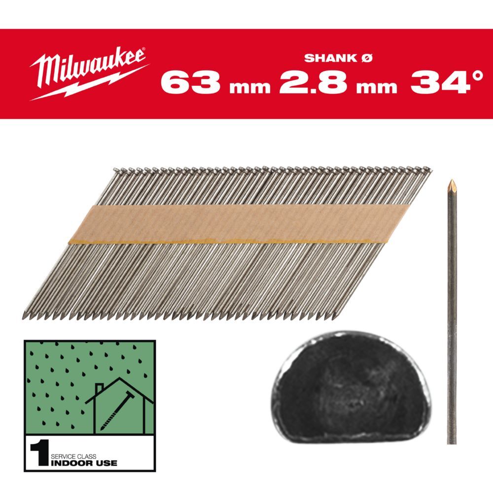 Milwaukee Elektrowerkzeuge Glattschaft Stahl blank D Kopf Nägel für M18FFN 7,4 x 2,8 x 63 mm Produktbild Milwaukee Elektrowerkzeuge Glattschaft Stahl blank D Kopf Nägel für M18FFN 7,4 x 2,8 x 63 mm bild 2