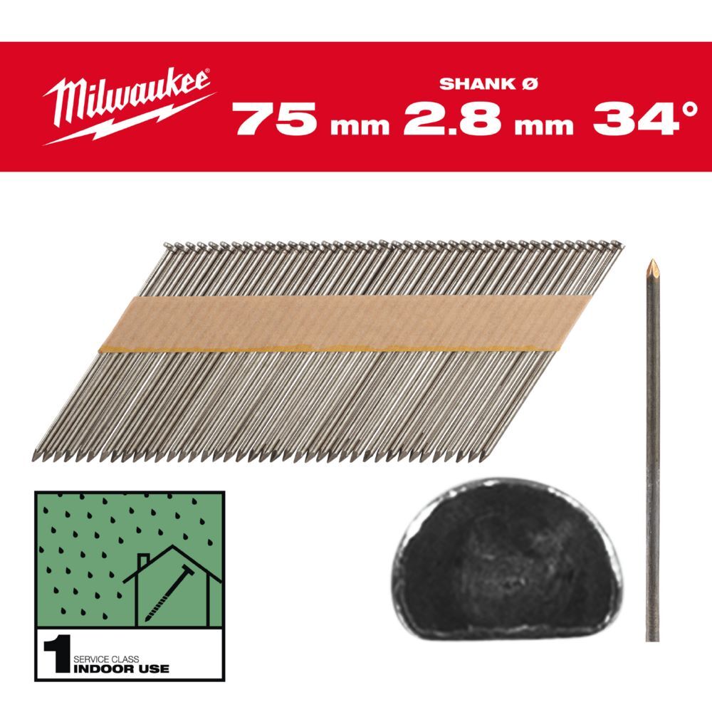 Milwaukee Elektrowerkzeuge Glattschaft Stahl blank D Kopf Nägel für M18FFN 7,4 x 2,8 x 75 mm Produktbild Milwaukee Elektrowerkzeuge Glattschaft Stahl blank D Kopf Nägel für M18FFN 7,4 x 2,8 x 75 mm bild 2