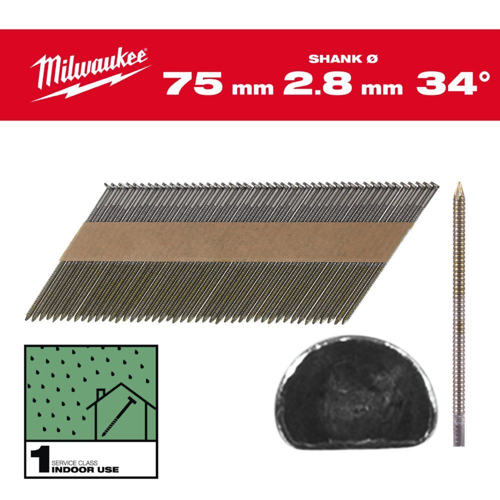 Milwaukee Elektrowerkzeuge Ringschaft blank D Kopf Nägel für M18FFN 7,4 x 2,8 x 75 mm Produktbild Milwaukee Elektrowerkzeuge Ringschaft blank D Kopf Nägel für M18FFN 7,4 x 2,8 x 75 mm