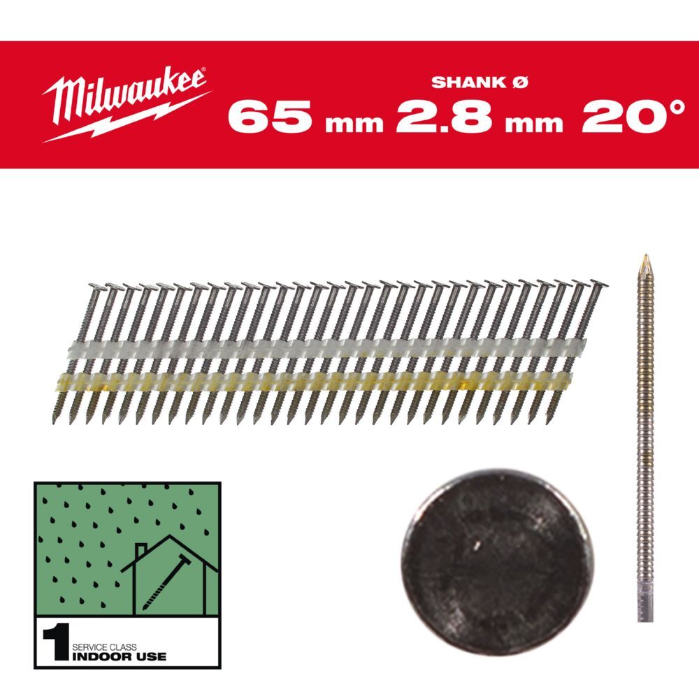 Milwaukee Elektrowerkzeuge Ringschaft Stahl blank Rundkopf Nägel für M18FFN21 7,4 x 2,8 x 65 mm Produktbild Milwaukee Elektrowerkzeuge Ringschaft Stahl blank Rundkopf Nägel für M18FFN21 7,4 x 2,8 x 65 mm