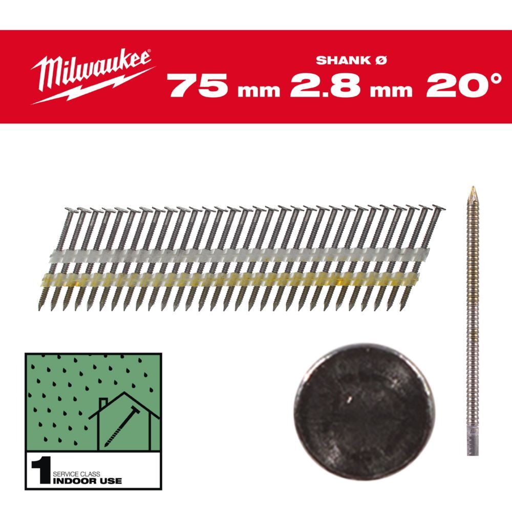 Milwaukee Elektrowerkzeuge Ringschaft Stahl blank Rundkopf-Nägel für M18FFN21 7,4 x 2,8 x 75 mm Produktbild Milwaukee Elektrowerkzeuge Ringschaft Stahl blank Rundkopf-Nägel für M18FFN21 7,4 x 2,8 x 75 mm