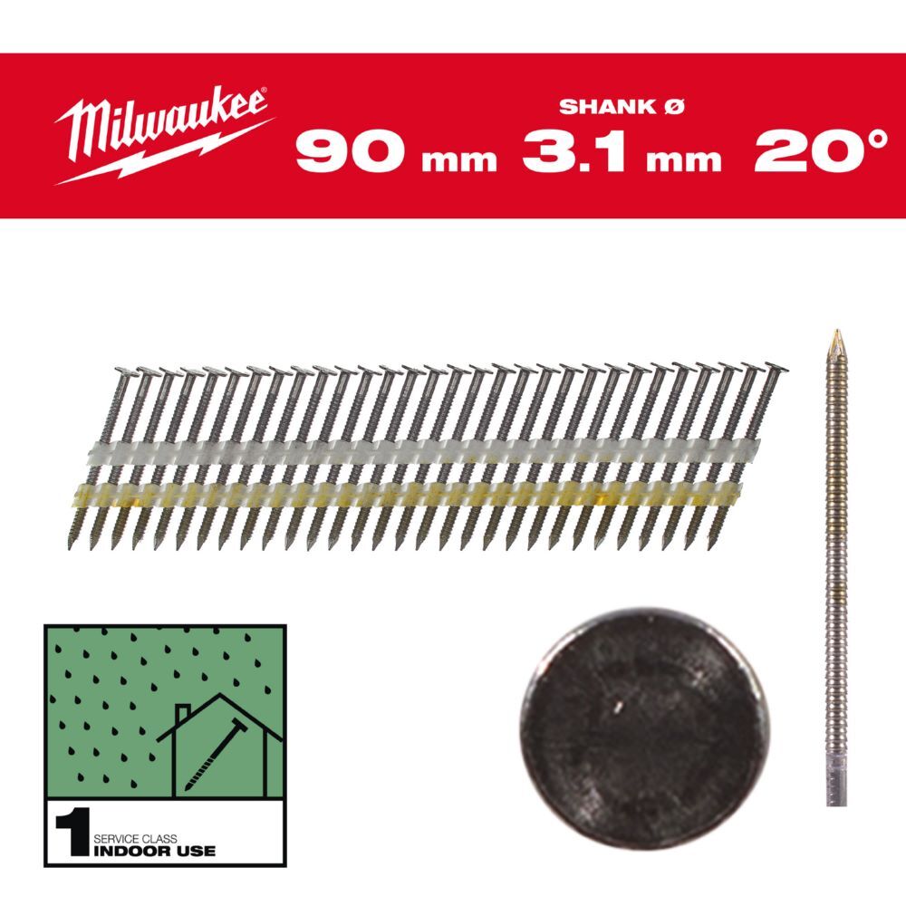 Milwaukee Elektrowerkzeuge Ringschaft Stahl blank Rundkopf Nägel für M18FFN21 7,4 x 3,1 x 90 mm Produktbild Milwaukee Elektrowerkzeuge Ringschaft Stahl blank Rundkopf Nägel für M18FFN21 7,4 x 3,1 x 90 mm