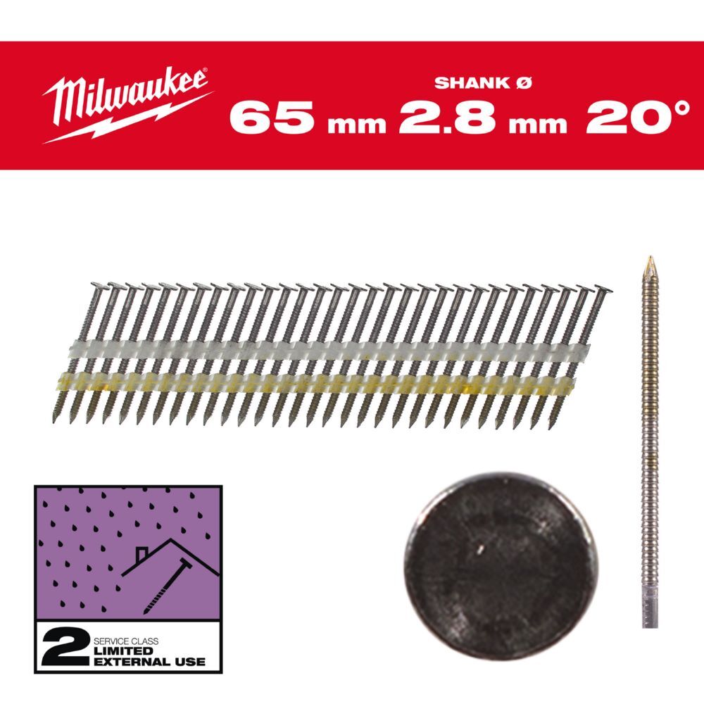 Milwaukee Elektrowerkzeuge Ringschaft verzinkt Rundkopf Nägel für M18FFN21 7,4 x 2,8 x 65 mm Produktbild Milwaukee Elektrowerkzeuge Ringschaft verzinkt Rundkopf Nägel für M18FFN21 7,4 x 2,8 x 65 mm