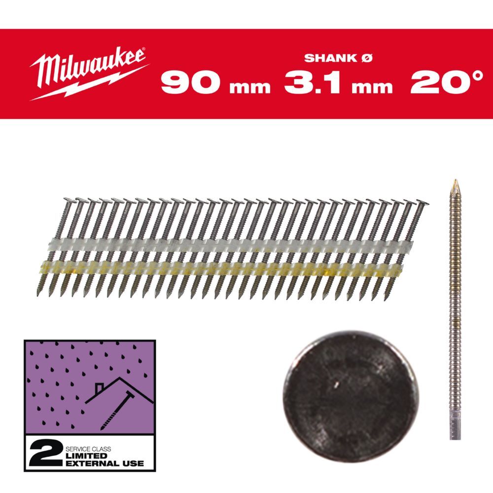 Milwaukee Elektrowerkzeuge Ringschaft verzinkt Rundkopf Nägel für M18FFN21 7,4 x 3,1 x 90 mm Produktbild Milwaukee Elektrowerkzeuge Ringschaft verzinkt Rundkopf Nägel für M18FFN21 7,4 x 3,1 x 90 mm bild 2