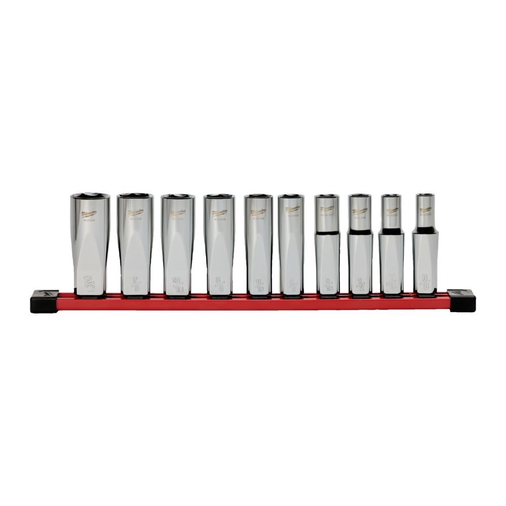 Produktbild Milwaukee Steckschlüsseleinsatz 1/2 Zoll lang Set 6-kant imperial 10-teilig auf Schiene