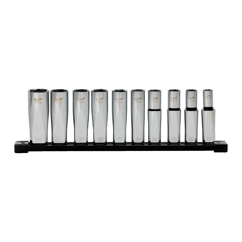 Produktbild Milwaukee Steckschlüsseleinsatz 1/2 Zoll lang Set 6-kant metrisch 10-teilig auf Schiene