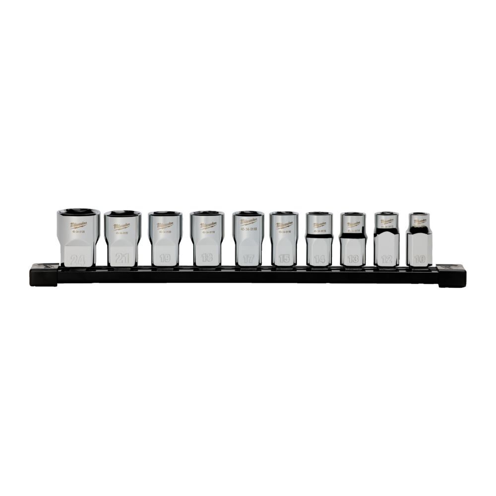 Produktbild Milwaukee Steckschlüsseleinsatz 1/2 Zoll Set 6-kant metrisch 10-teilig auf Schiene