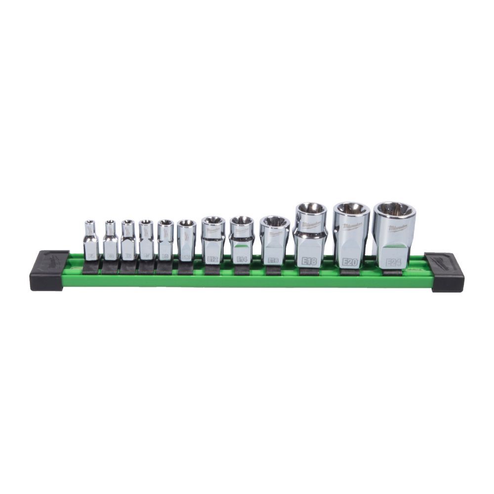 Produktbild Milwaukee Steckschlüsseleinsatz 1/4 / 3/8 und 1/2 Zoll Set E-TX 13-teilig auf Schiene