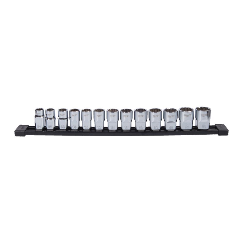 Produktbild Milwaukee Steckschlüsseleinsatz 1/2 Zoll Set 12-kant metrisch 13-teilig auf Schiene