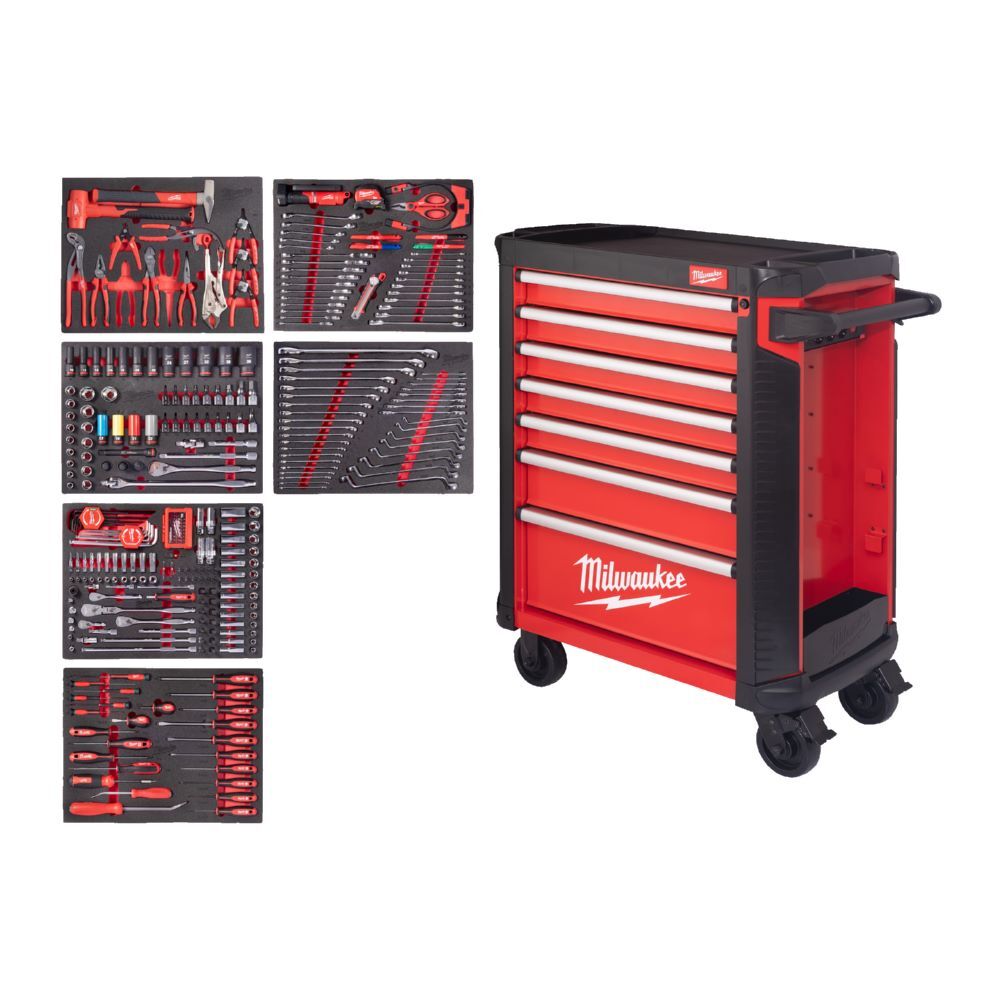 Produktbild Milwaukee TOOLGUARD Werkstattwagen mit Werkzeugbestückung Premium Version 337-teilig rot