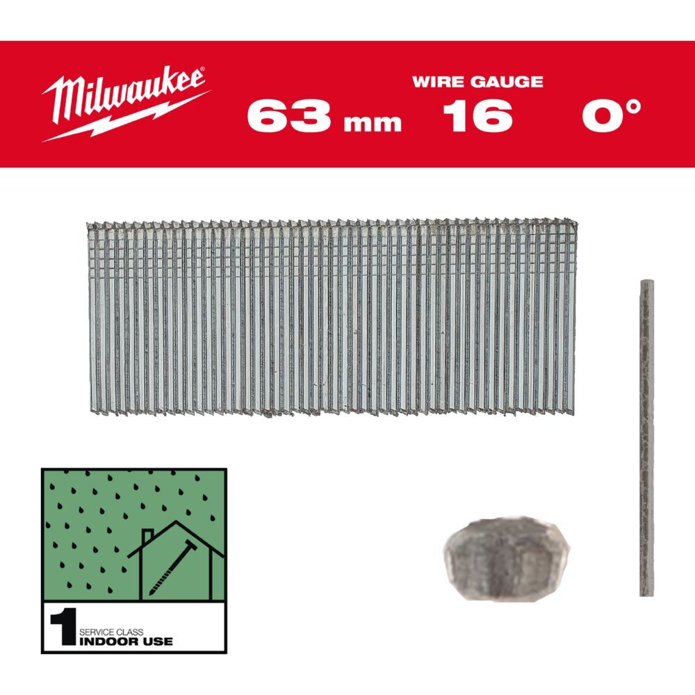 Milwaukee Elektrowerkzeuge Stauchkopf Nägel 16 Gauge für M18 FN16GS 2,8 x 63 mm verzinkt 0 Grad Produktbild Milwaukee Elektrowerkzeuge Stauchkopf Nägel 16 Gauge für M18 FN16GS 2,8 x 63 mm verzinkt 0 Grad