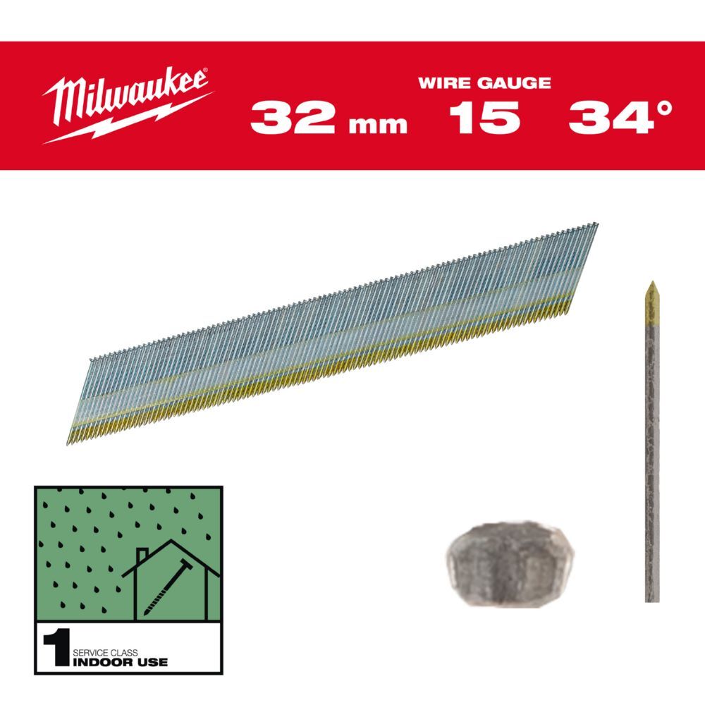 Milwaukee Elektrowerkzeuge Stift Nägel D Kopf 15 Gauge für M18CN15GA M18FN15GA 1,8 x 32 mm verzinkt  Produktbild Milwaukee Elektrowerkzeuge Stift Nägel D Kopf 15 Gauge für M18CN15GA M18FN15GA 1,8 x 32 mm verzinkt