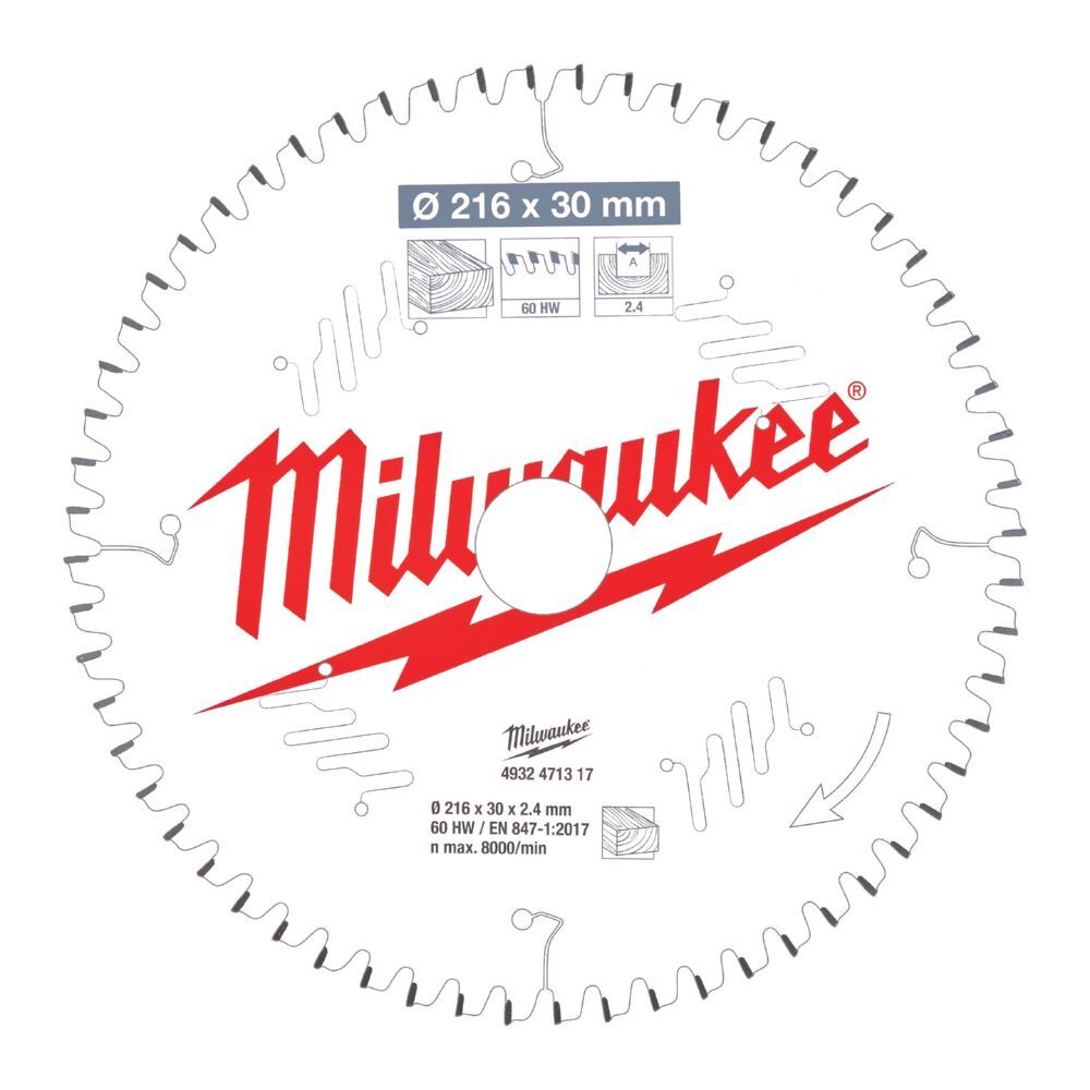 Milwaukee Sägeblatt Holz 216/30 mm 60 Zähne Wechselzahn negativ Produktbild Milwaukee Sägeblatt Holz 216/30 mm 60 Zähne Wechselzahn negativ