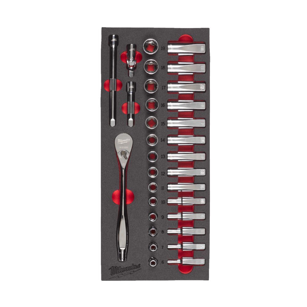 Milwaukee 3/8 Zoll Ratschen und Stecksch Milwaukee 3/8 Zoll Ratschen und Steckschlüsseleinsätze 32 teilig Einlage