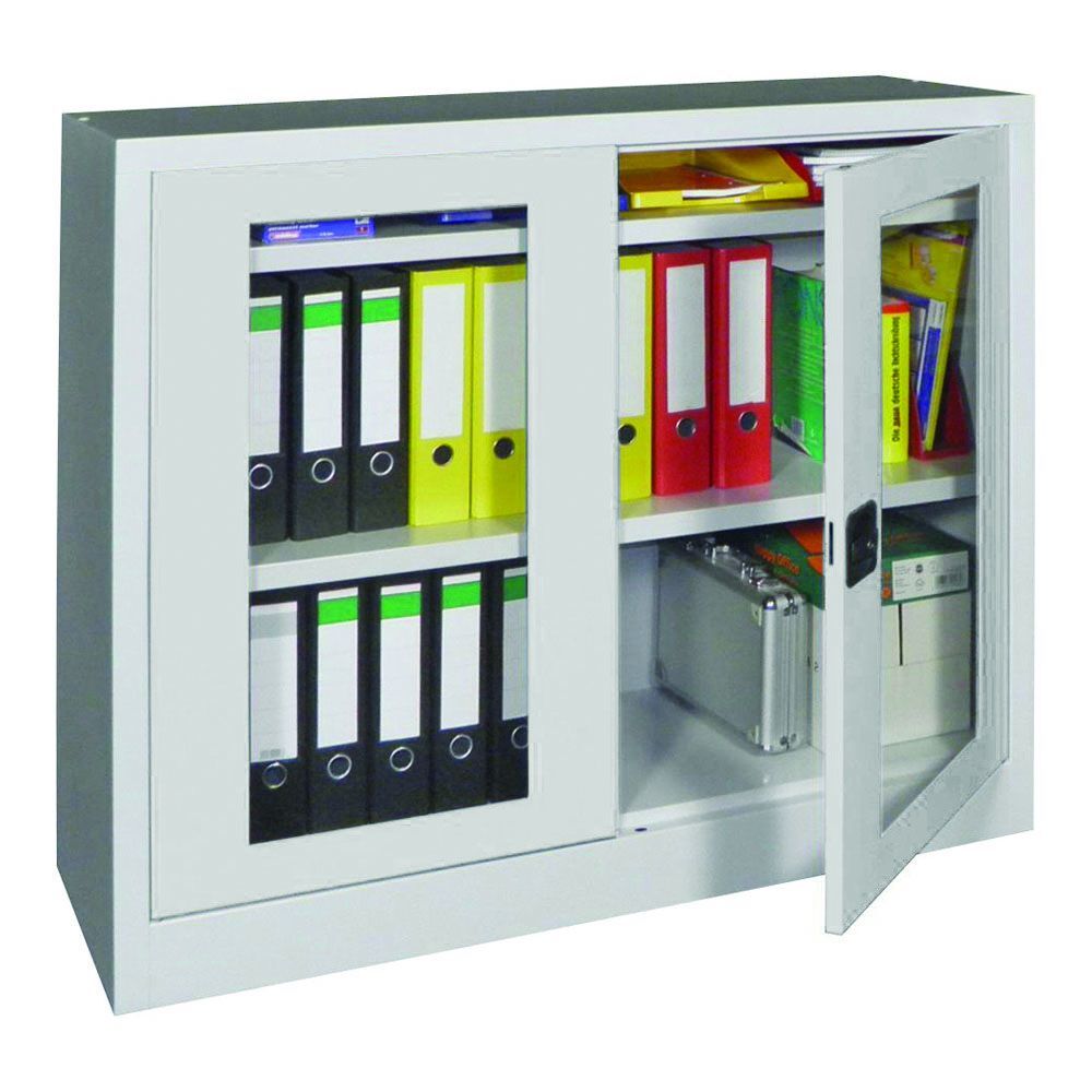 Produktbild PAVOY Flügeltürenschrank 1000x1200x600 mm 2 Böden gepulvert Sichtfenster RAL 7035