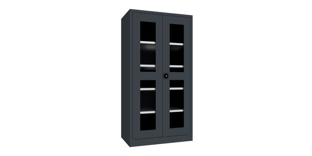 Produktbild PAVOY Flügeltürenschrank 1950x1000x600 mm 4 Böden verzinkt Sichtfenster, RAL 7016