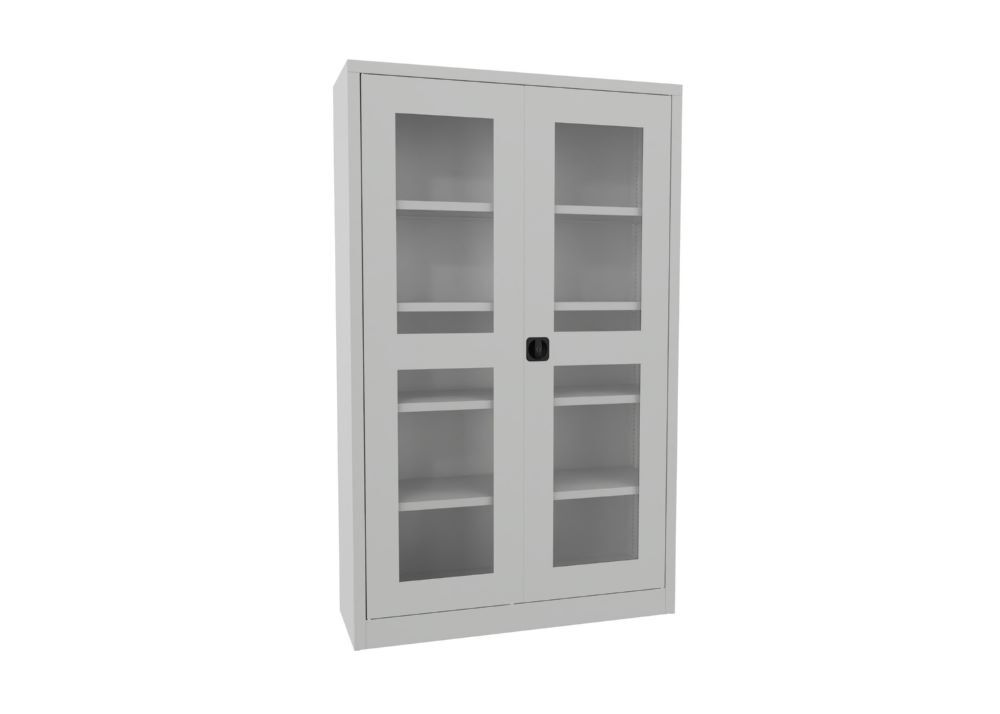 Produktbild PAVOY Flügeltürenschrank 1950x1200x400 mm 4 Böden verzinkt Sichtfenster, RAL 7035