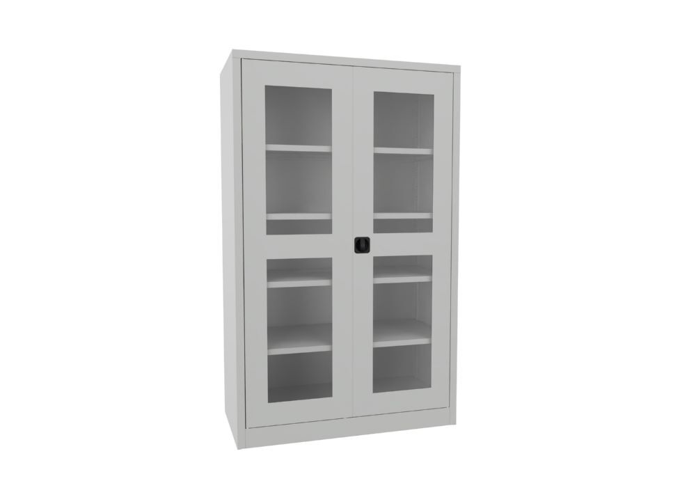Produktbild PAVOY Flügeltürenschrank 1950x1200x600 mm 4 Böden verzinkt Sichtfenster RAL 7035
