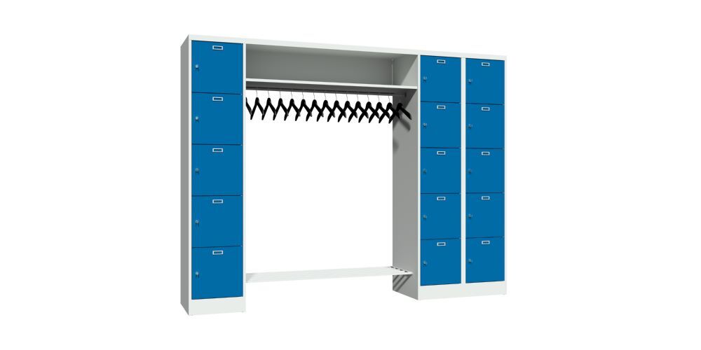 Produktbild PAVOY Garderobe 1x5 Fächer 1x10 Fächer AB 400 mm Hutablage 1350 mm RAL 7035/5010