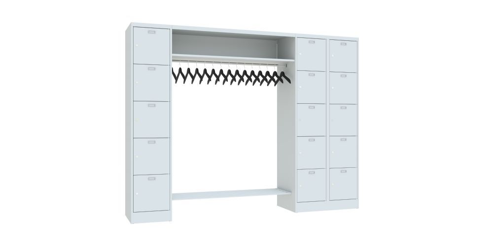 Produktbild PAVOY Garderobe 1x5 Fächer 1x10 Fächer AB 400 mm Hutablage 1350 mm RAL 7035