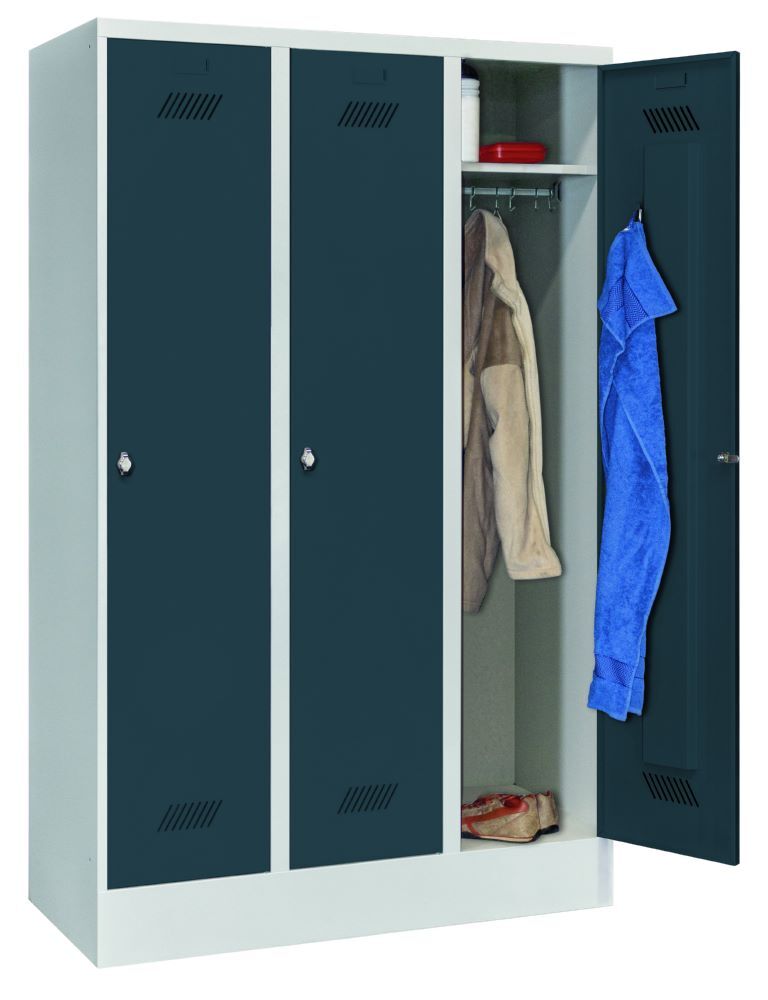 Produktbild PAVOY Garderobenschrank mit Sockel 1850x1200x500 mm 3 Abteile RAL 7035/7016