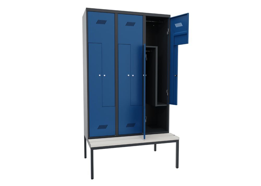 Produktbild Z-Garderobenschrank mit Sitzbank, 2150x1200x500/800 mm, 3 Abteile, RAL 7016/5010 bild 2