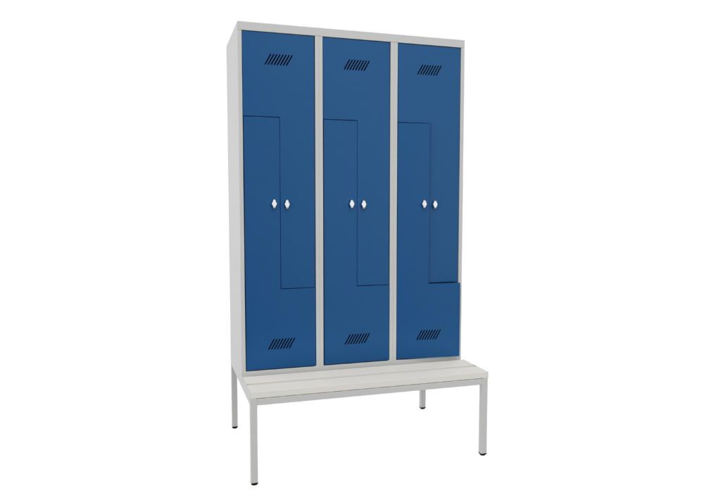 Produktbild PAVOY Z-Garderobenschrank mit Sitzbank 2150x1200x500/800 mm 3 Abteile RAL 7035/5010