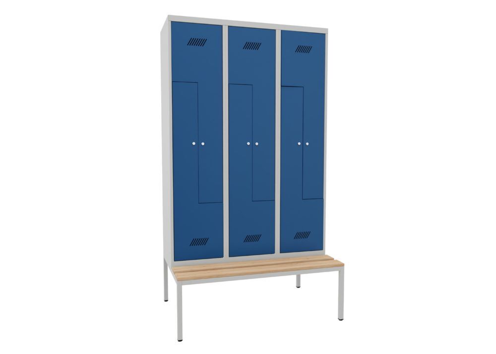 Produktbild PAVOY Z-Garderobenschrank mit Sitzbank 2150x1200x500/800 mm 3 Abteile RAL 7035/5010
