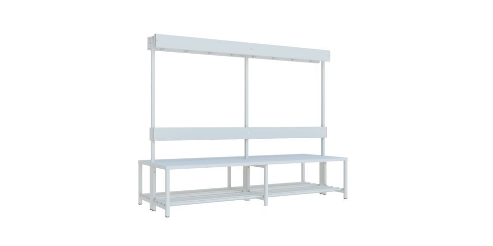 Produktbild PAVOY Garderobensitzbank 2000 mm doppelseitig Schuhrost PVC-Leisten hellgrau RAL 7