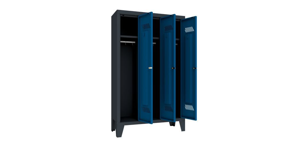 Produktbild Kindergartenschrank mit Füßen, 3 Abteile, Zylinderschloß, RAL 7016/5010 bild 2