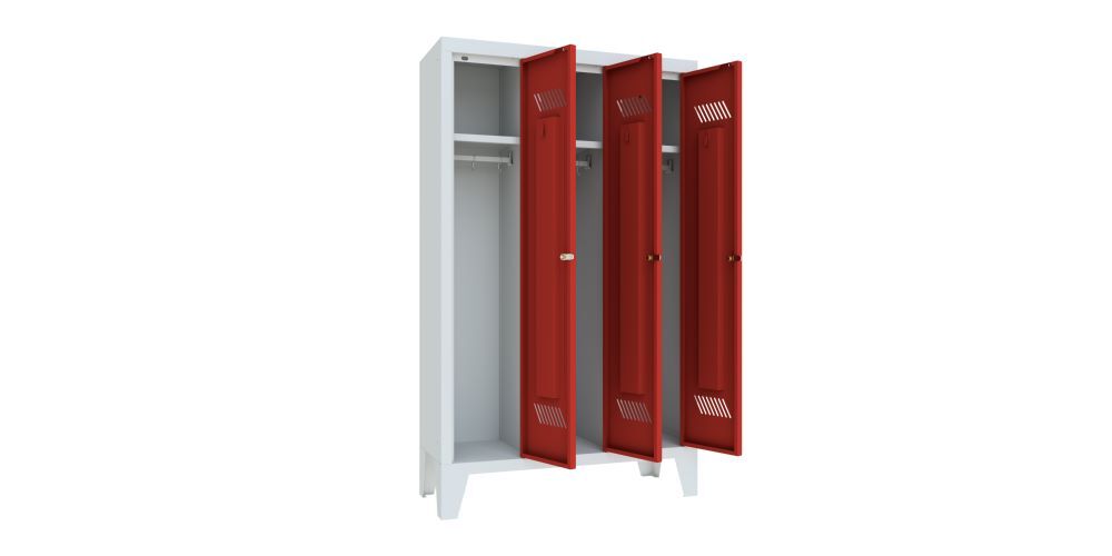 Produktbild Kindergartenschrank mit Füßen, 3 Abteile, Zylinderschloß, RAL 7035/3000 bild 2