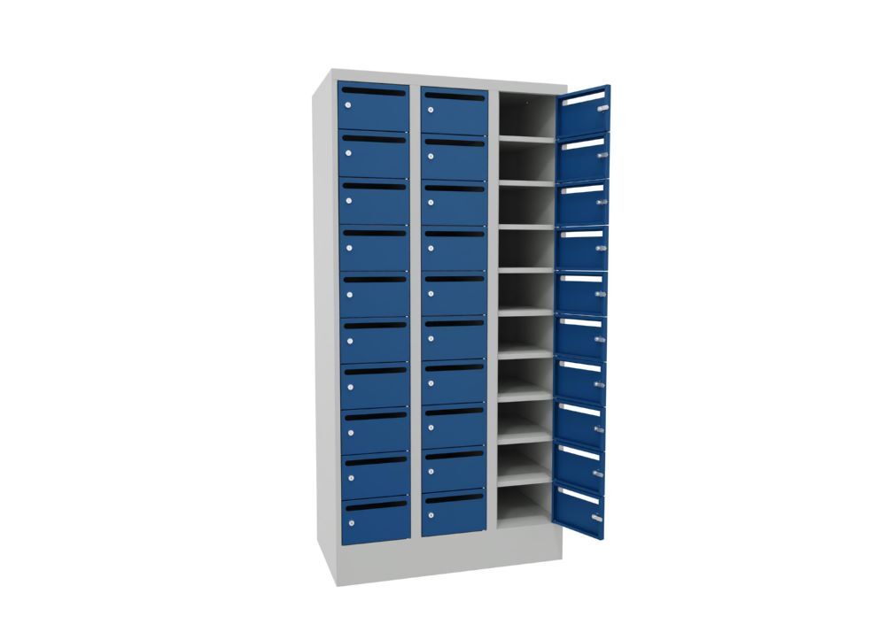 Produktbild Postverteilschrank mit Sockel, 1850x900x500 mm, 30 Fächer, RAL 7035/5010 bild 2