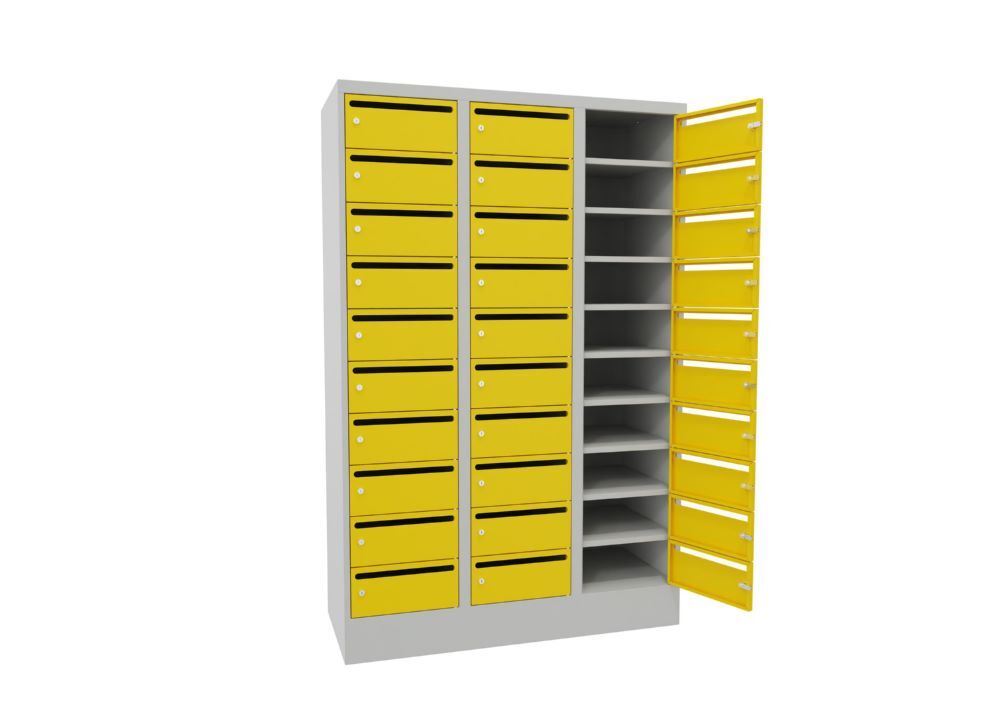 Produktbild Postverteilschrank mit Sockel, 1850x1200x500 mm, 30 Fächer, RAL 7035/1018 bild 2