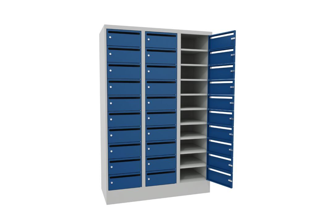 Produktbild Postverteilschrank mit Sockel, 1850x1200x500 mm, 30 Fächer, RAL 7035/5010 bild 2