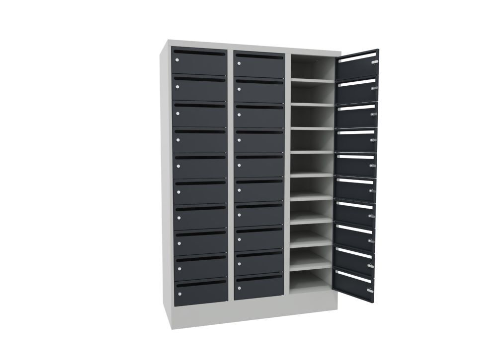 Produktbild Postverteilschrank mit Sockel, 1850x1200x500 mm, 30 Fächer, RAL 7035/7016 bild 2