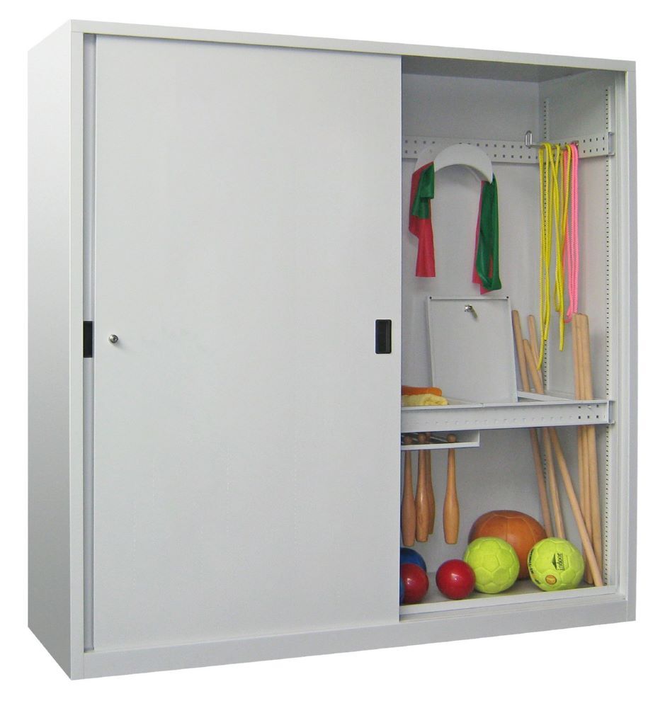 Produktbild PAVOY Schiebetürenmodulschrank 1950x2000x600 Ballböden/Gerätehalter RAL 7035