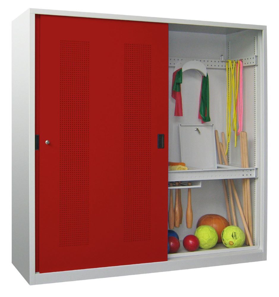 Produktbild PAVOY Schiebetürenmodulschrank 1950x2000x600 Lochfeldtür Bälle/Geräte RAL 7035/3000